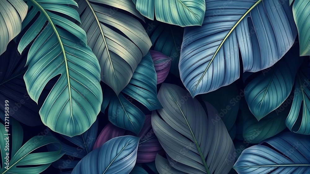 Lush tropical leaves in teal, green, and purple hues. Lush tropical leaves in teal, green, and purple hues.