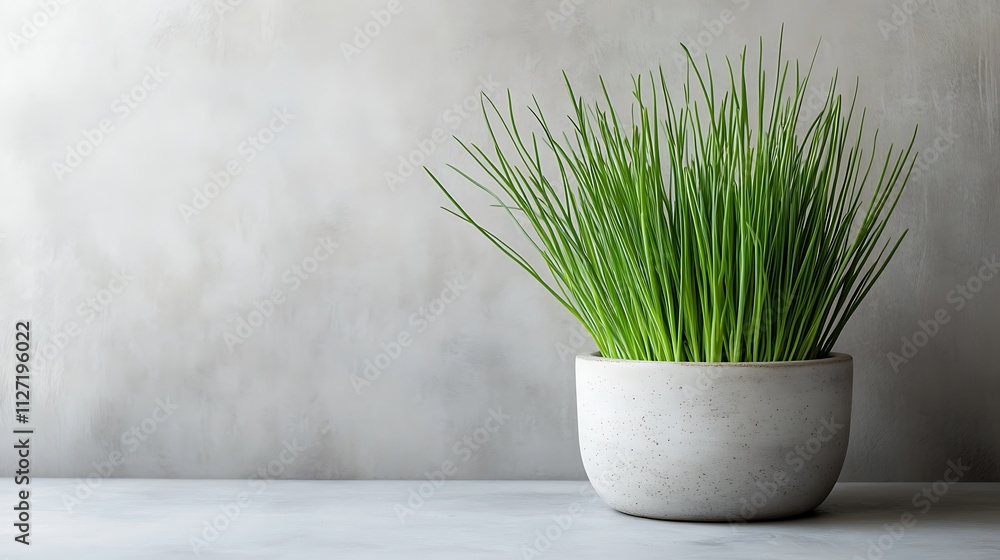 Fresh chives in a gray pot against a textured wall. Fresh chives in a gray pot against a textured wall.