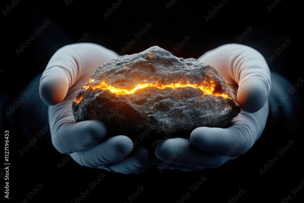 Geologist studying red-hot rock sample in research lab Geologist studying red-hot rock sample in research lab