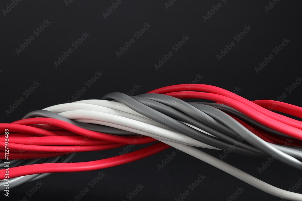Many electrical wires on black background, closeup Many electrical wires on black background, closeup