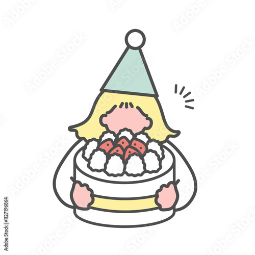 誕生日ケーキを持つシンプルな女性イラスト