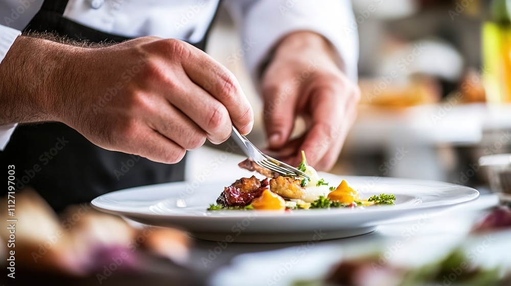 Chef garnishing dish with precision in kitchen Chef garnishing dish with precision in kitchen