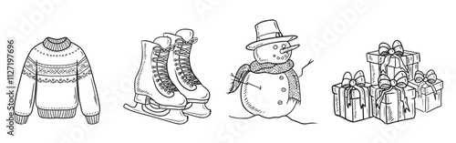 Warm knitted sweater, white leather skates for figure skating, snowman with hat and scarf set of gift boxes in black isolated on white. Hand drawn vector illustration in doodle engraved vintage style