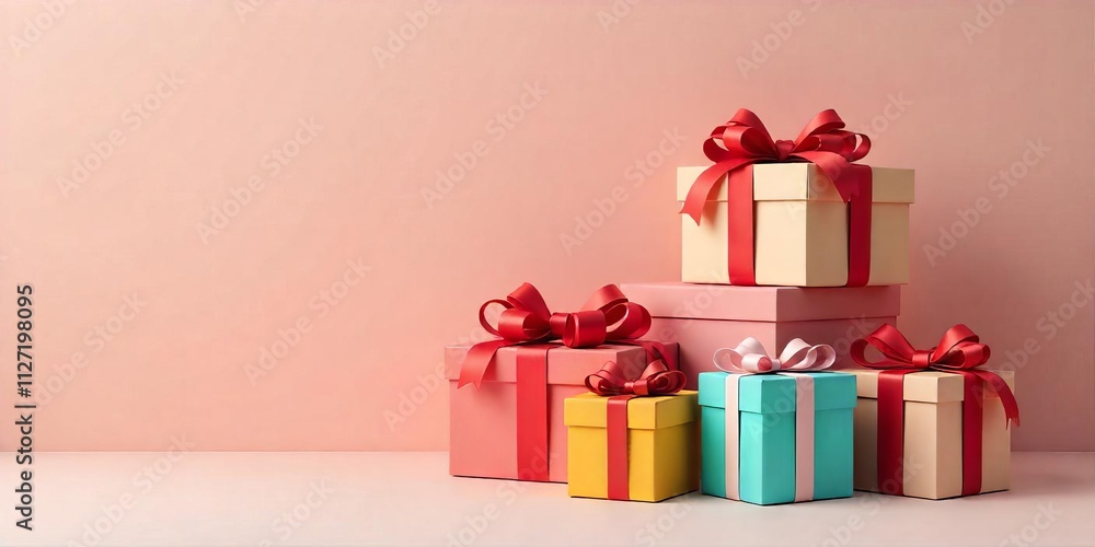 Obraz premium Stacked Gift Boxes with Colorful Ribbons Against a Pastel Pink Background
