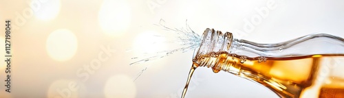 Shattered glass bottle mid-pour, liquid streams suspended in mid-air