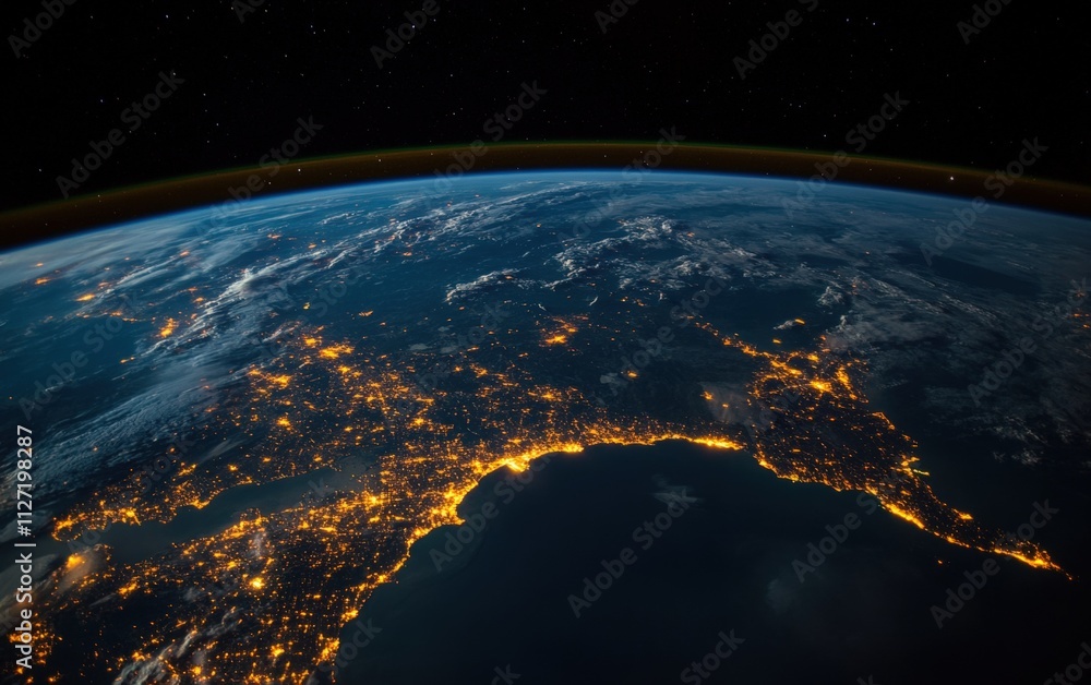Obraz premium A breathtaking view of Earth from space showing vibrant continents, oceans, and glowing city lights at night