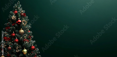 Decorated Christmas tree with ornaments and ribbons in festive ambiance