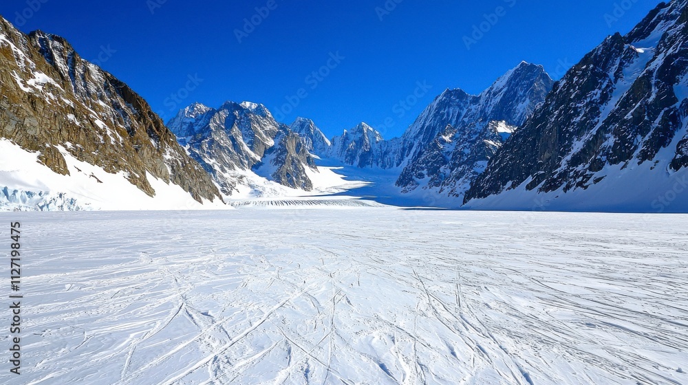 Obraz premium A breathtaking panoramic view of a vast glacier expanse, carved with ski tracks.
