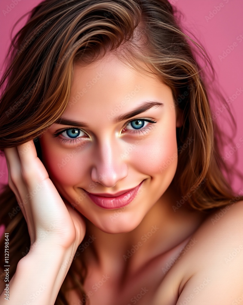 Close-up Portrait of a Young Woman with Blue Eyes and Wavy Hair Against a Soft Pink Background Close-up Portrait of a Young Woman with Blue Eyes and Wavy Hair Against a Soft Pink Background