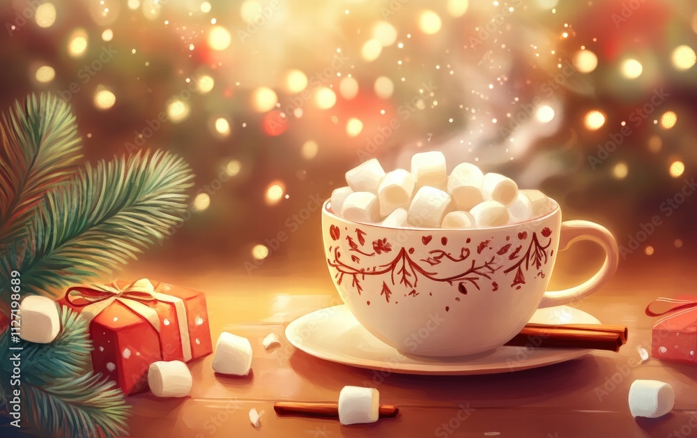 Fototapeta premium A cup of steaming cocoa with marshmallows and cinnamon on christmas background