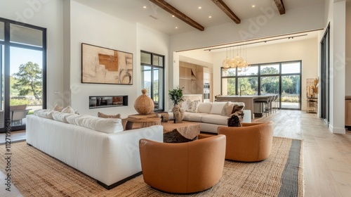 Modern living room with open floor plan, natural light, white sofas, tan armchairs, fireplace, and kitchen view.