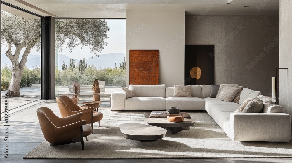 Fototapeta premium Modern living room with sectional sofa, armchairs, coffee table, and large windows overlooking a landscape.