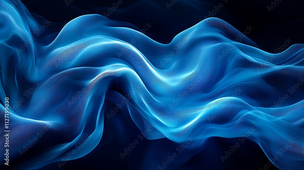 Obraz premium Abstract blue flowing fabric waves on black background.