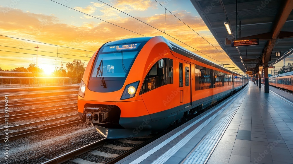 Naklejka premium Modern orange high-speed train arriving at a platform during a beautiful sunset.
