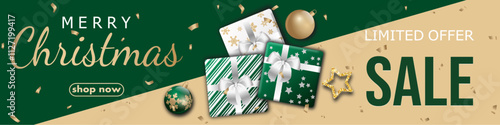 Christmas sale, template design discount banner with balls and gift boxes. realistic vector illustration to promote purchases in the winter season en gold and green. for card, flyer, website header