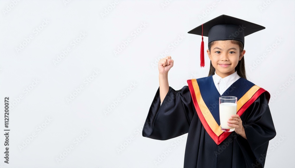 Graduation Day: A young girl in a black graduation gown smiles proudly, holding a glass of milk, a symbol of growth and future potential. Graduation Day: A young girl in a black graduation gown smiles proudly, holding a glass of milk, a symbol of growth and future potential.