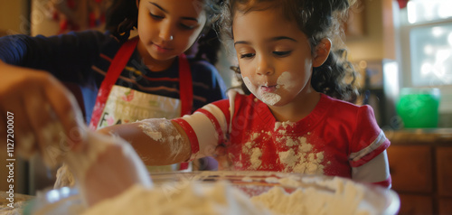 Happy family bonding in the kitchen, mixing flour and making lasting memories.