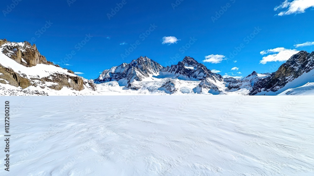 Fototapeta premium A breathtaking vista of a frozen glacial lake surrounded by majestic snow-capped mountains under a vibrant blue sky.
