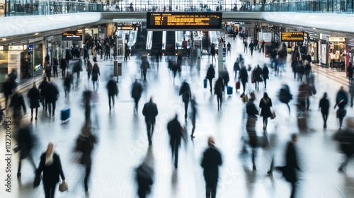 Motion blurred crowd of people walking in a large, bright train station with a departures board.