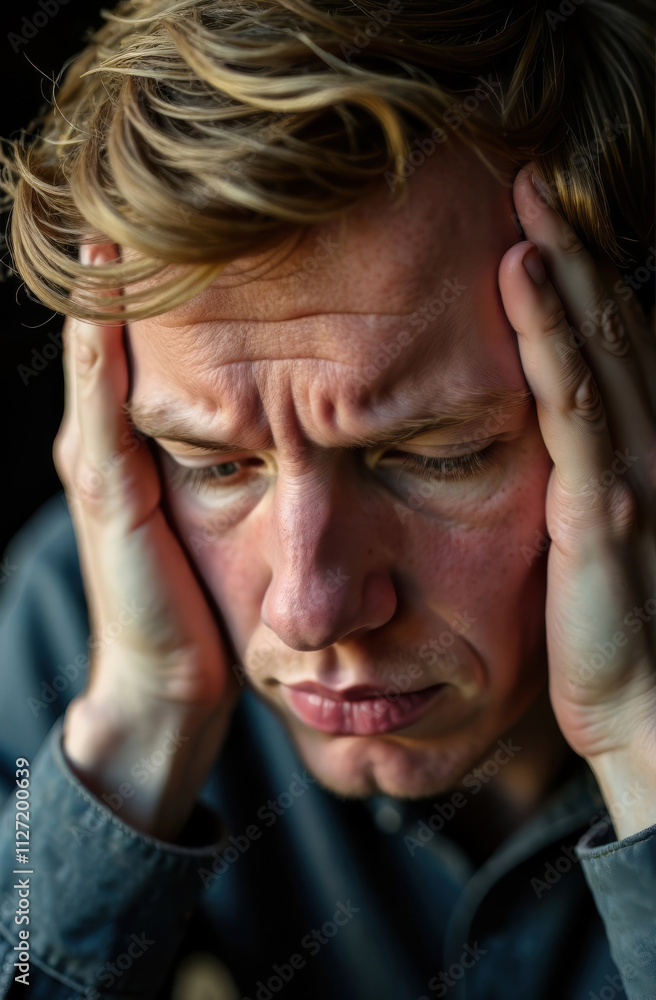Fototapeta premium A close-up portrait of a blond man holding his head, looking down, suffering from a headache and migraine