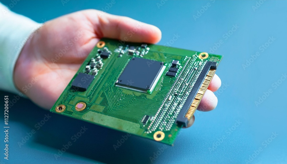 Holding the Future: A hand delicately holds a compact, intricate circuit board, the green surface gleaming with technological promise. The image evokes a sense of innovation, precision. Holding the Future: A hand delicately holds a compact, intricate circuit board, the green surface gleaming with technological promise. The image evokes a sense of innovation, precision.