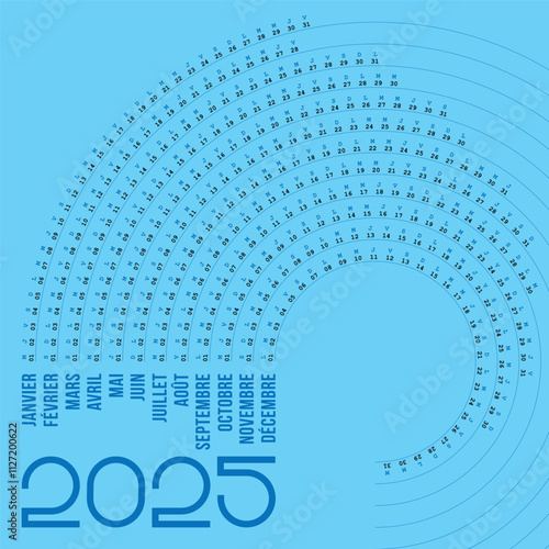 Carte bleu 2025 Calendrier 2025 en Français, Design Créatif, Forme vague, Modifiable et Coloré