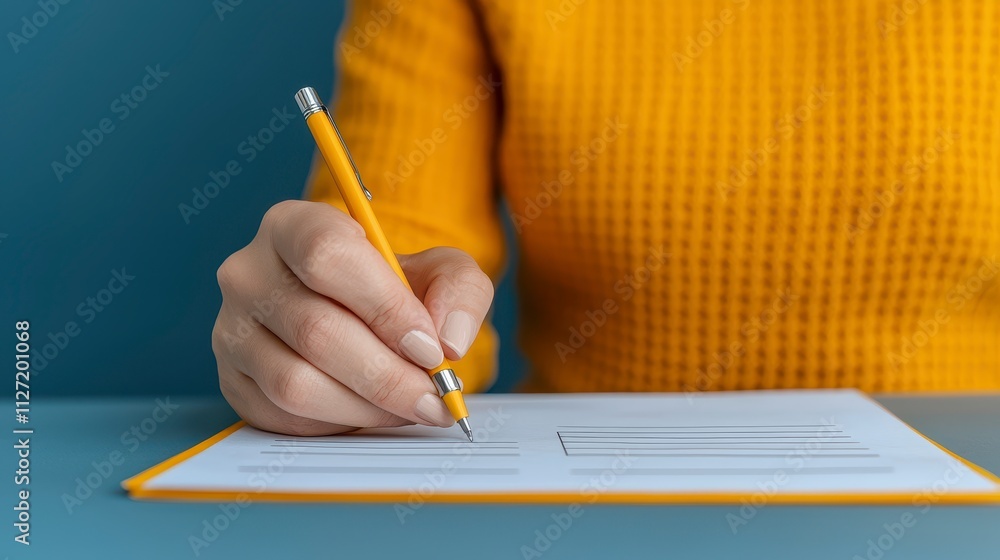 Woman Filling Out Form with Yellow Pen Woman Filling Out Form with Yellow Pen