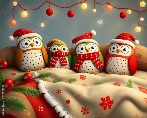 four Owl Pillows Celebrating Christmas Together