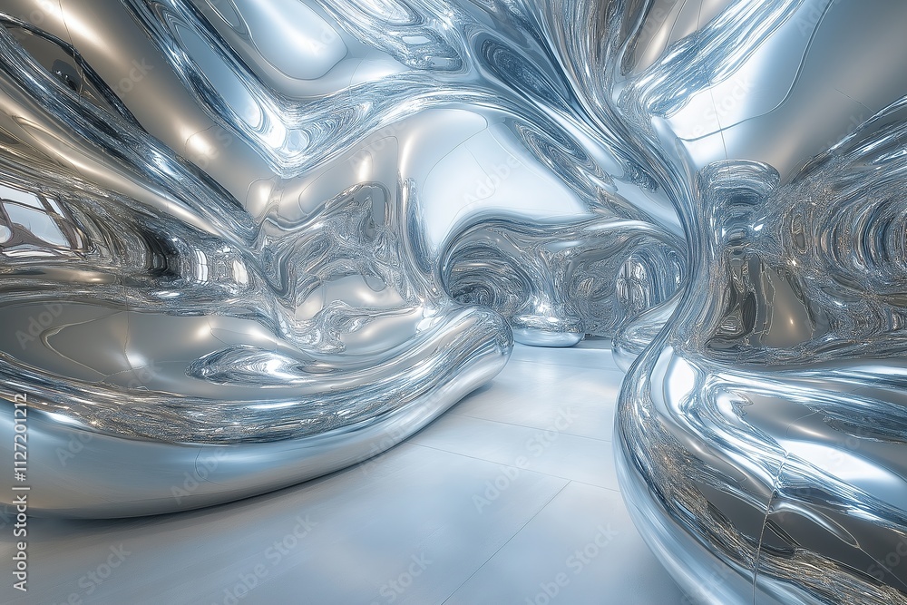 Immersive space-inspired decor featuring metallic surfaces for a futuristic atmosphere Immersive space-inspired decor featuring metallic surfaces for a futuristic atmosphere