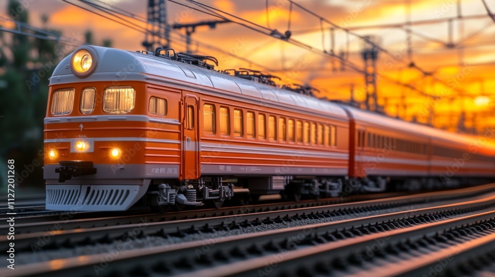 Orange electric train model at sunset. Orange electric train model at sunset.