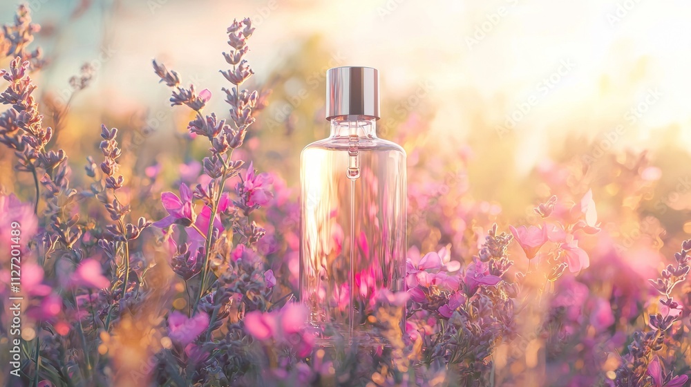 Perfume bottle in a field of lavender and pink flowers at sunset Perfume bottle in a field of lavender and pink flowers at sunset