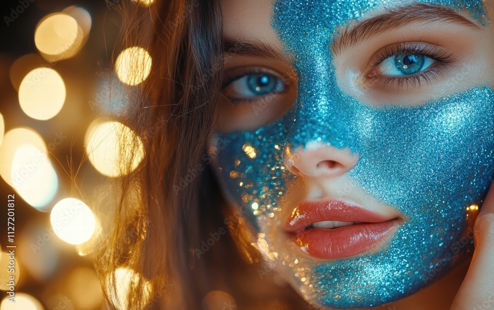 Beautician applying electric blue clay mask with glitter to face of beautiful young woman in beauty salon. Spa treatments concept on christmas background Beautician applying electric blue clay mask with glitter to face of beautiful young woman in beauty salon. Spa treatments concept on christmas background