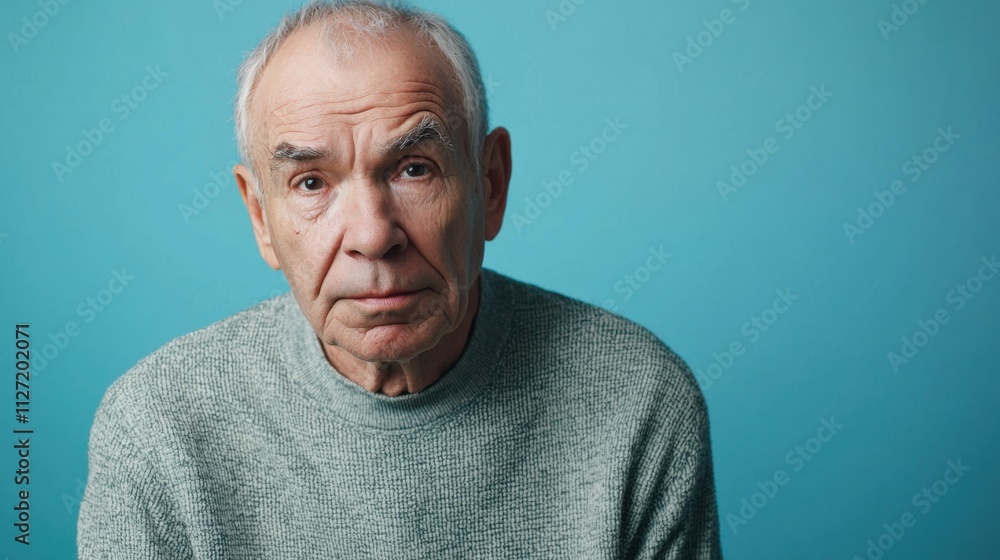 Portrait of concentrated aged man look attentively camera wear pullover isolated on blue color background Portrait of concentrated aged man look attentively camera wear pullover isolated on blue color background