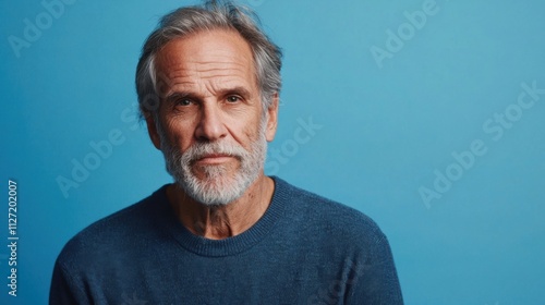 Portrait of concentrated aged man look attentively camera wear pullover isolated on blue color background