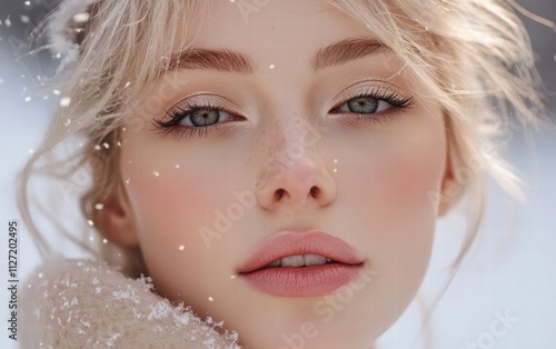 A soft holiday look featuring champagne-toned eyeshadow dewy skin and a light pink lip on a snowy outdoor backdrop