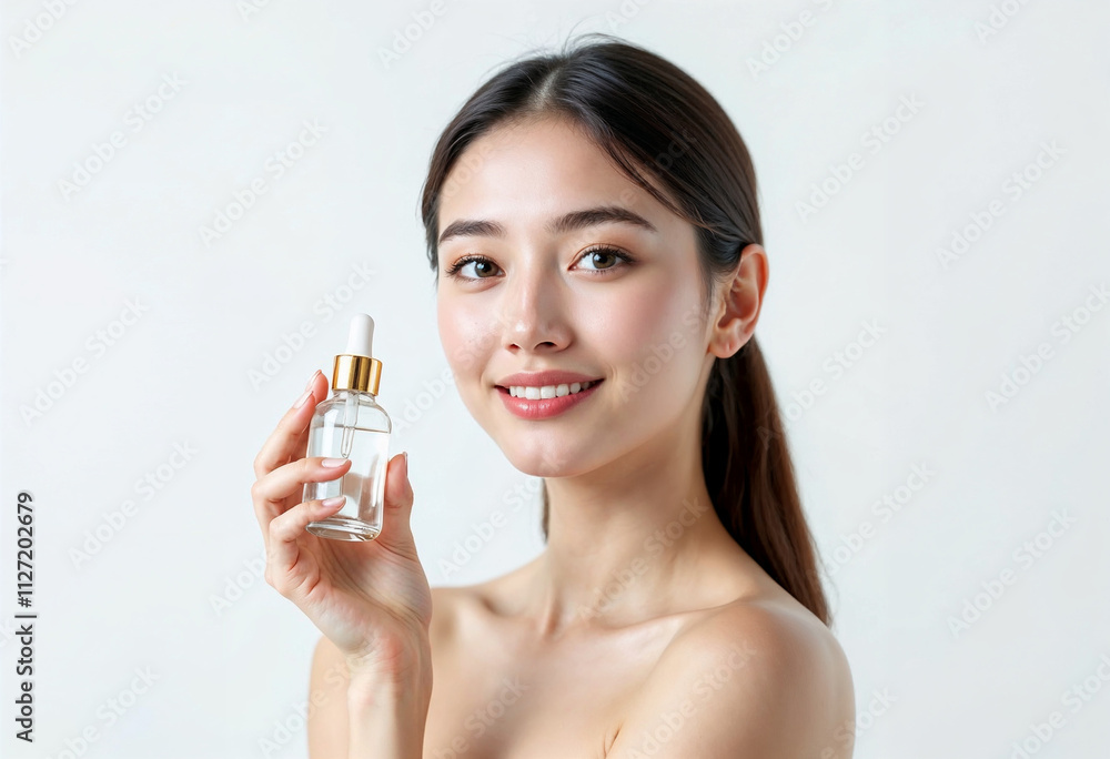 Smiling Asian Woman Holding Skincare Bottle in Bright Minimalist Background Smiling Asian Woman Holding Skincare Bottle in Bright Minimalist Background