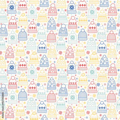 Colourful seamless pattern with cute hand drawn winter hats. Christmas background concept. Vector illustration