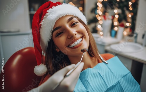 A sparkling clean smile being checked by a dentist wearing a Santa hat in a cheerful clinic