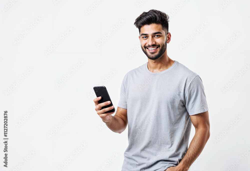 Smiling Young Man Holding Smartphone Against White Background Smiling Young Man Holding Smartphone Against White Background