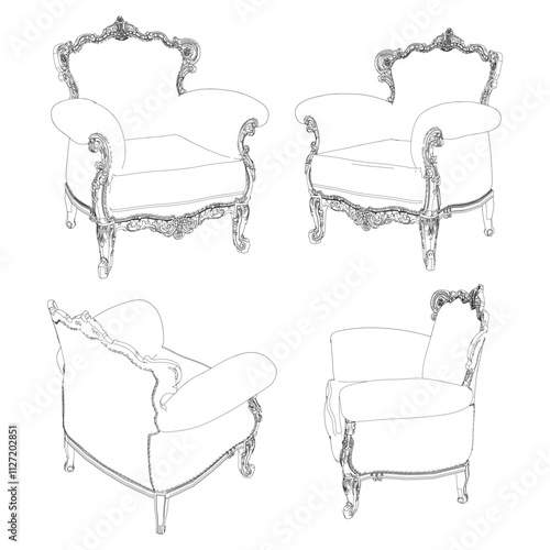 Vintage armchair vector set. Baroque and classic style sketches for luxurious home interiors. Ideal for traditional furniture enthusiasts.