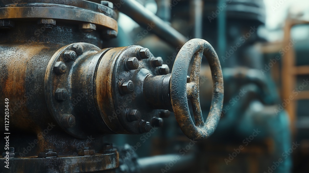 Close-up of a refinery valve, processing fuel under pressure, industrial detail. Close-up of a refinery valve, processing fuel under pressure, industrial detail.
