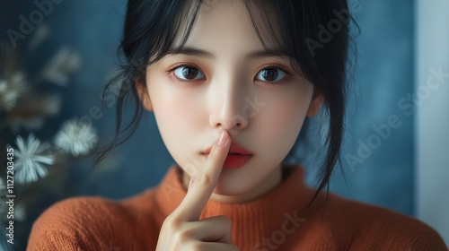 Portrait asian ethnic korean woman point with finger near mouth Chinese Japanese girl makes hush quiet gesture showing secret sign asks silent confidential secrecy information looking at camera indoo photo