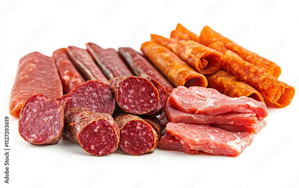 Meat assortment, different raw meat isolated on white background, full depth of field Meat assortment, different raw meat isolated on white background, full depth of field