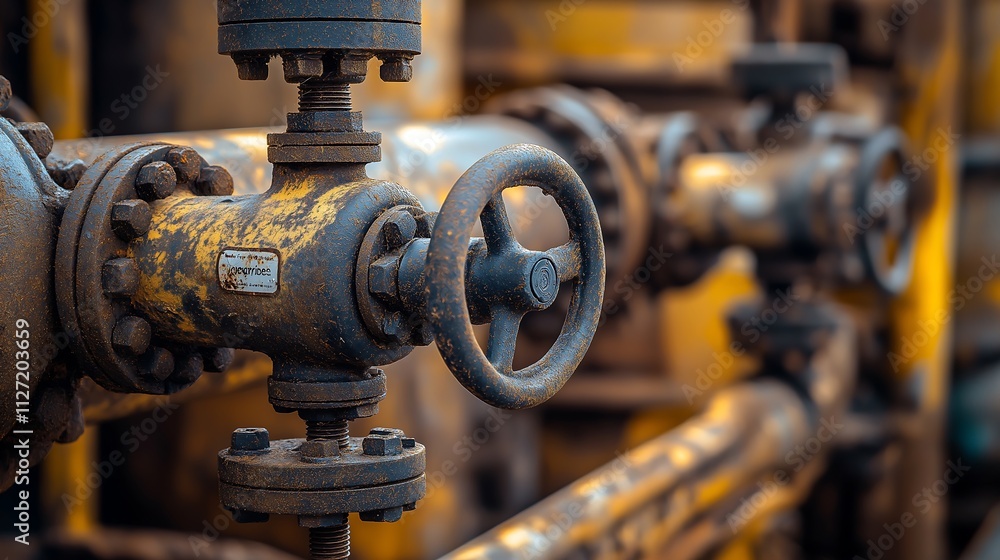 Close-up of pipes and valves, oil refinery detail, intricate industrial system. Close-up of pipes and valves, oil refinery detail, intricate industrial system.
