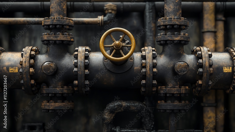 Close-up of pipes and valves, oil refinery detail, intricate industrial system. Close-up of pipes and valves, oil refinery detail, intricate industrial system.