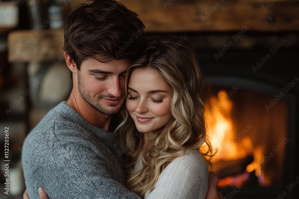 Young couple embraces warmly by the fireplace in a cozy setting Young couple embraces warmly by the fireplace in a cozy setting