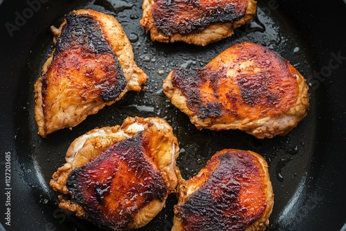 A black background photo of fried bbq chicken meat in a pan