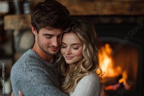 Young couple embraces warmly by the fireplace in a cozy setting