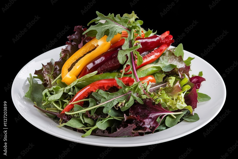 A black background with a white plate containing a salad A black background with a white plate containing a salad