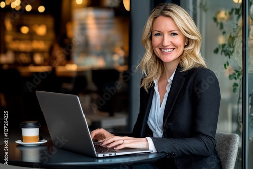 Professional woman working on laptop at a cozy cafe in the morning